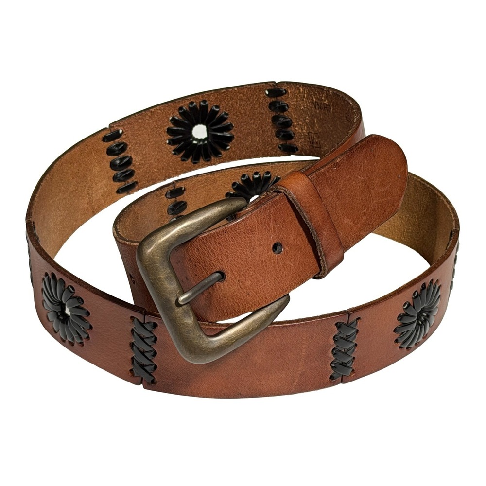 Leather Flower Stitched Brown Belt Women's  Medium Boho Whimsy Fits 34" - 37"